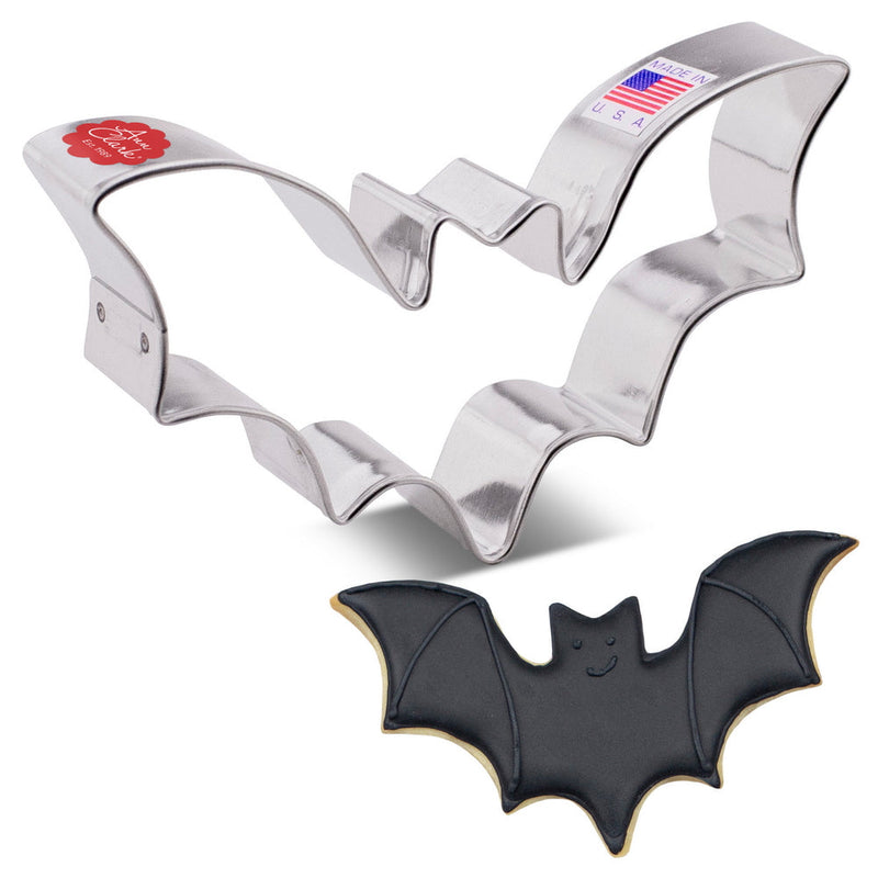 Ann Clark | Cookie Cutters - Halloween Bat, featuring a bat-shaped cookie cutter and matching cookie, perfect for enhancing festive baking projects.