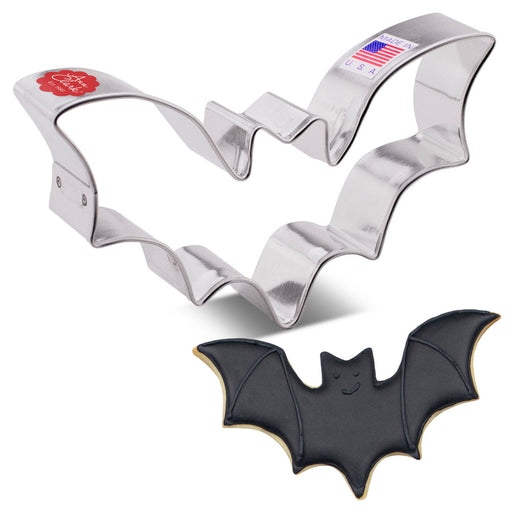 Ann Clark | Cookie Cutters - Halloween Bat, featuring a bat-shaped cookie cutter and matching cookie, perfect for enhancing festive baking projects.