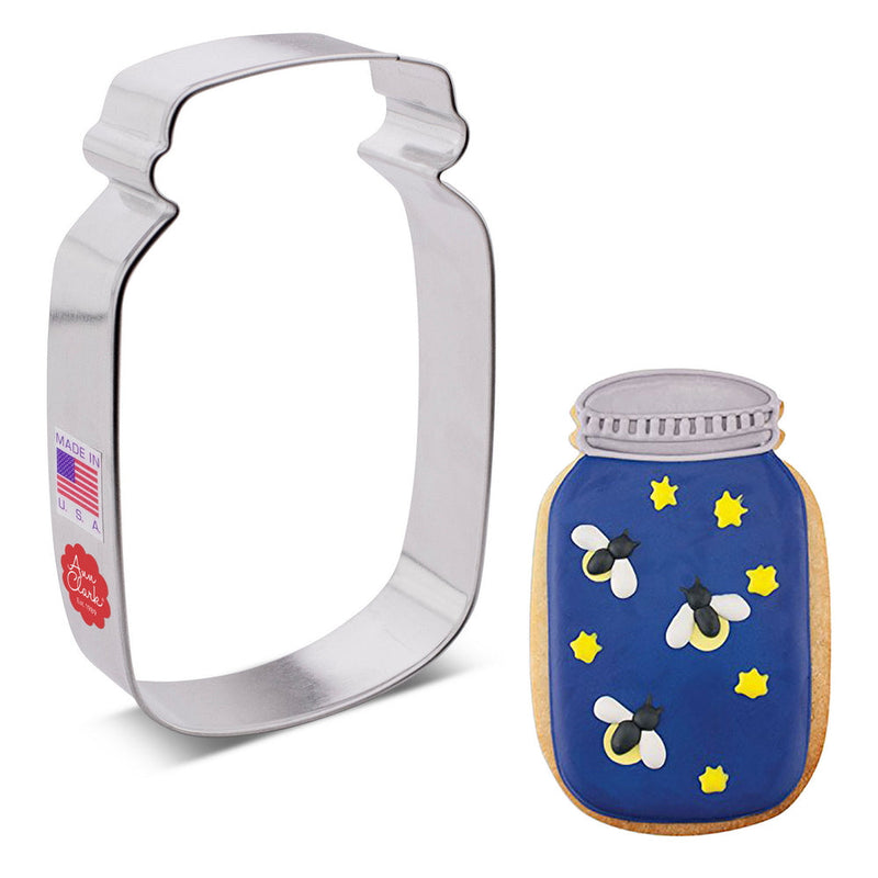 Ann Clark Mason Jar cookie cutter, ideal for rustic-themed baking, showcased with a bee and star cookie from America's leading cookie cutter manufacturer.