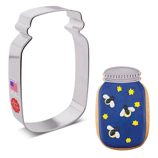 Ann Clark Mason Jar cookie cutter, ideal for rustic-themed baking, showcased with a bee and star cookie from America's leading cookie cutter manufacturer.
