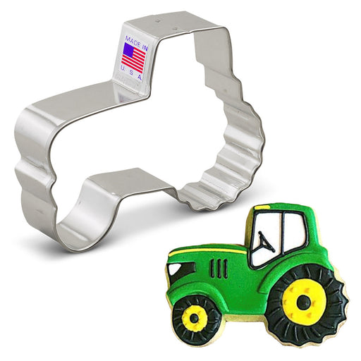 Ann Clark | Cookie Cutters - Tractor: A tractor-shaped cookie cutter alongside a tractor cookie, ideal for baking enthusiasts and professionals seeking creative baking tools.