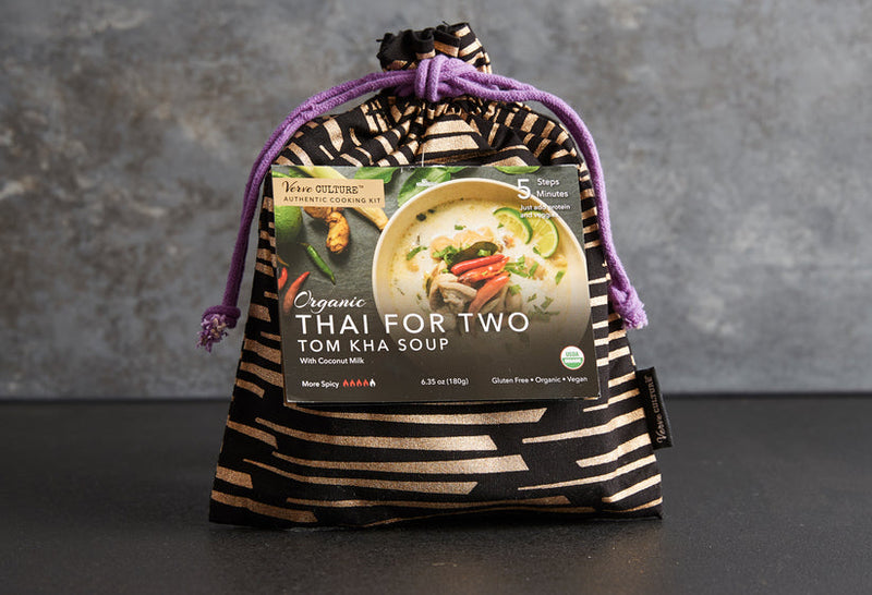 Thai for Two Cooking Kit - Tom Kha Soup, featuring organic ingredients for authentic flavors, includes a reusable bag, perfect for cooking enthusiasts or as a hostess gift.