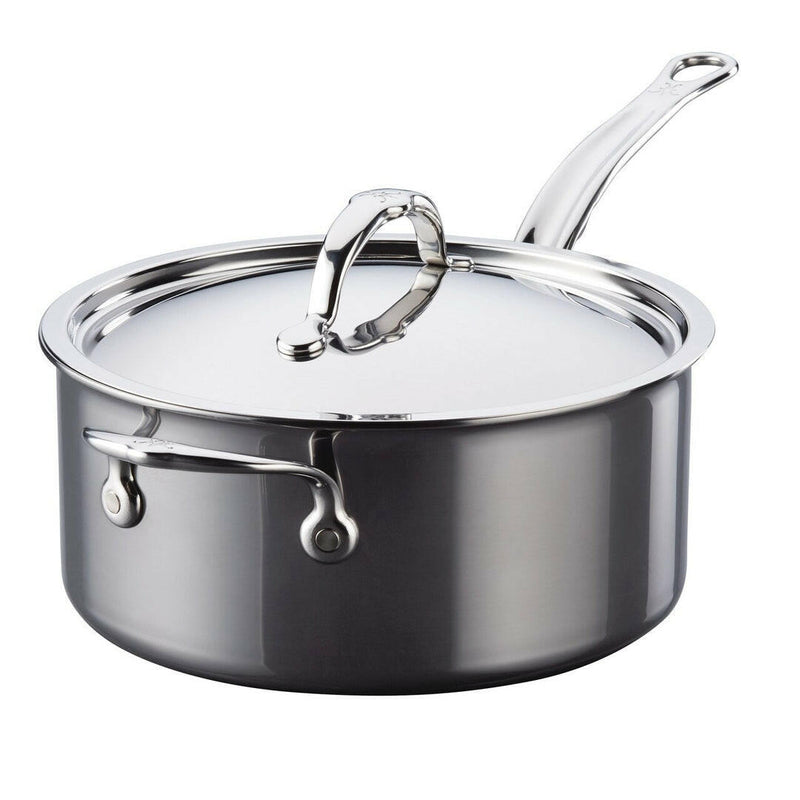 Hestan NanoBond | Cookware - 5qt Essential Pan + Lid: Polished stainless-steel saucepan with ergonomic handles and fitted lid, ideal for soups and sauces, showcasing durability and advanced design.