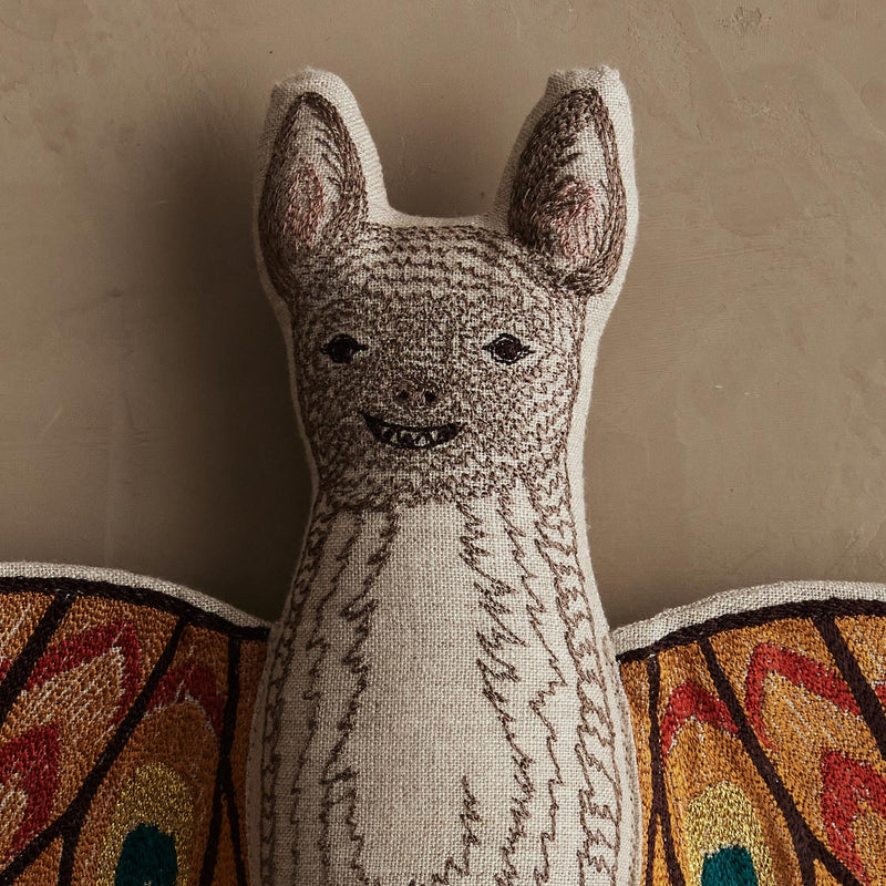 Coral & Tusk | Bat Surprise Doll: Handmade plush toy with embroidered face and tapestry-style wings that open, revealing a butterfly wingspan. Wings secured with an internal magnet.