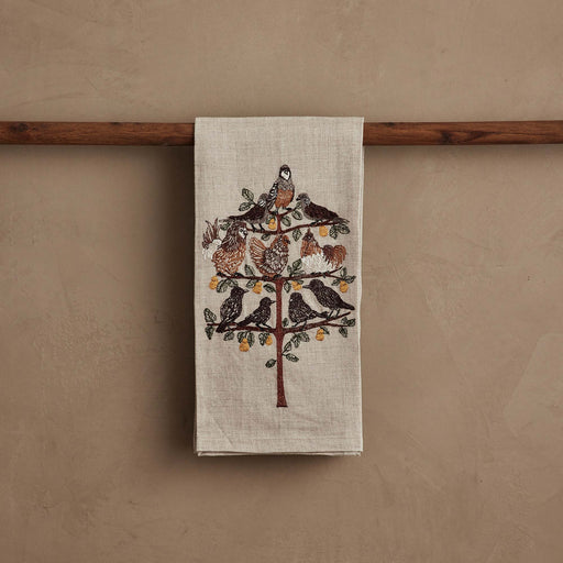 Coral & Tusk | Partridge in a Pear Tree Tea Towel featuring embroidered birds and pears, perfect for festive kitchen decor or gifting, from Athens Cooks.