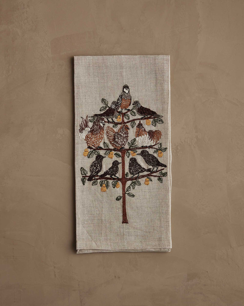 Coral & Tusk | Partridge in a Pear Tree Tea Towel, featuring embroidered birds and a pear tree, perfect for festive kitchen decor or gifting.