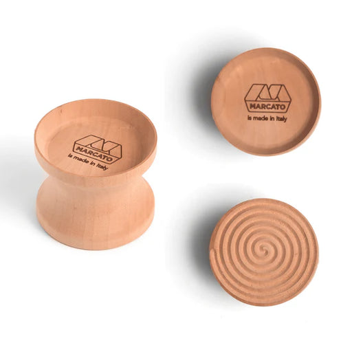 Marcato Corzetto Base Cut + Spiral: A two-piece wooden tool for shaping gnocchi, featuring a concave cup and ridged spiral board for artisanal pasta making.