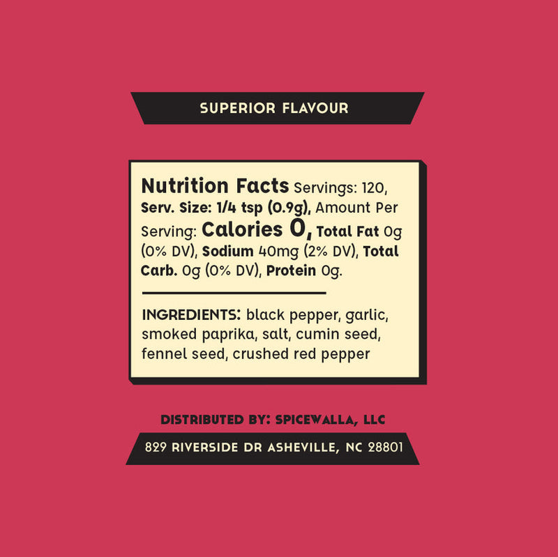 Spicewalla | Cowboy Grilling Rub label with nutrition facts, ingredients like black pepper and smoked paprika, and a fiery product description perfect for grilling enthusiasts.