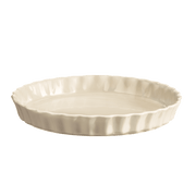 Emile Henry Tart Dish, Clay: round ceramic dish with fluted sides, ideal for even baking and easy release, microwave and dishwasher safe, made in France.