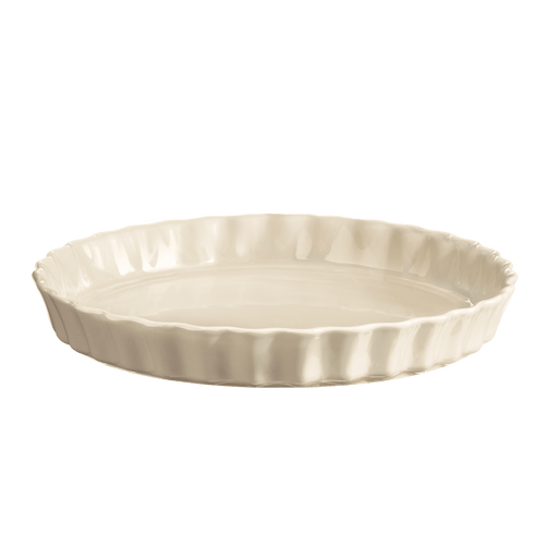Emile Henry Tart Dish, Clay: round ceramic dish with fluted sides, ideal for even baking and easy release, microwave and dishwasher safe, made in France.