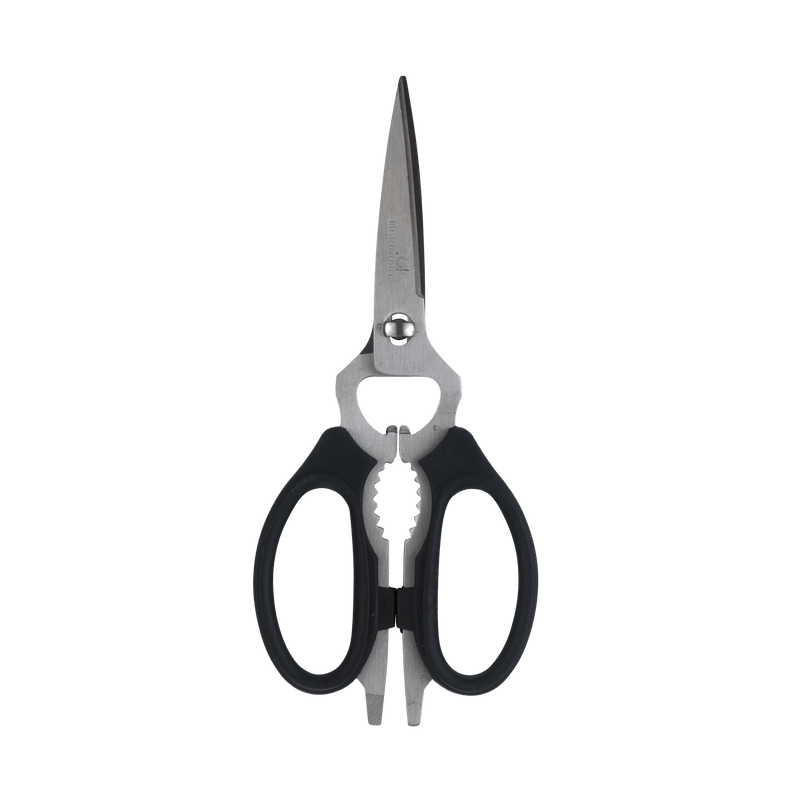 Messermeister | Black Take-Apart Kitchen Scissors, 8, featuring micro-serrated blades, ergonomic handles, and multi-tool functions like a nutcracker and bottle opener.
