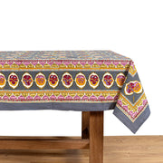 Caravan Home | 59 x 86 Pansy Red & Grey Tablecloth features a vibrant floral and abstract design, handprinted on French linen, ideal for elegant table settings.