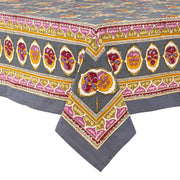 Caravan Home 59 x 86 Pansy Red & Grey Tablecloth with intricate floral patterns, handprinted linen showcasing vibrant artistry for elegant table settings.