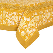 Caravan Home 71 x 71 Forest Harvest Grey & Mustard Tablecloth, featuring intricate fruit and foliage patterns, hand-printed by artisans for a sophisticated dining experience.