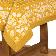 Caravan Home 71 x 71 Forest Harvest Grey & Mustard Tablecloth featuring hand-printed fruit and foliage design, perfect for enhancing dining experiences.