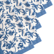 Set of six 19 x 19 Granada Cornflower Blue Napkins with floral pattern, hand-printed in blue pomegranates on white, perfect for enhancing any table setting.
