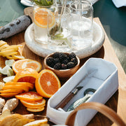 UASHMAMA | Panino Storage Tray - White, holding blackberries, an orange, and a drink, showcasing its versatile use for kitchen essentials and snacks.