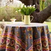 Caravan Home | 71 x 71 Pansy Red & Grey Tablecloth on display, featuring intricate floral patterns, adding elegance and modernity to any table setting.