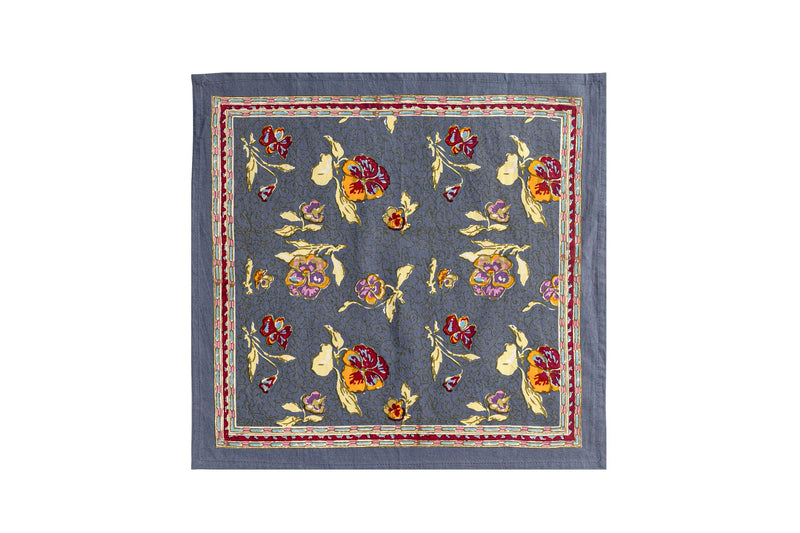 Caravan Home 19 x 19 Pansy Red & Grey Napkins Set of 6, featuring intricate floral motifs and stripes, hand-printed on fine French linen.