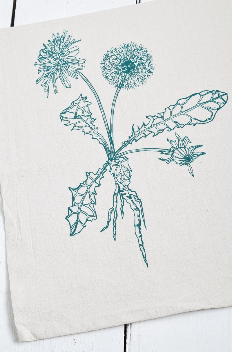 Hearth and Harrow | Organic Cotton Dandelion Tea Towel - Green - Botanical Print