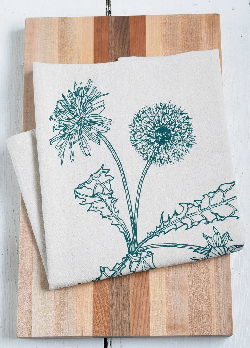 Hearth and Harrow | Organic Cotton Dandelion Tea Towel - Green - Botanical Print