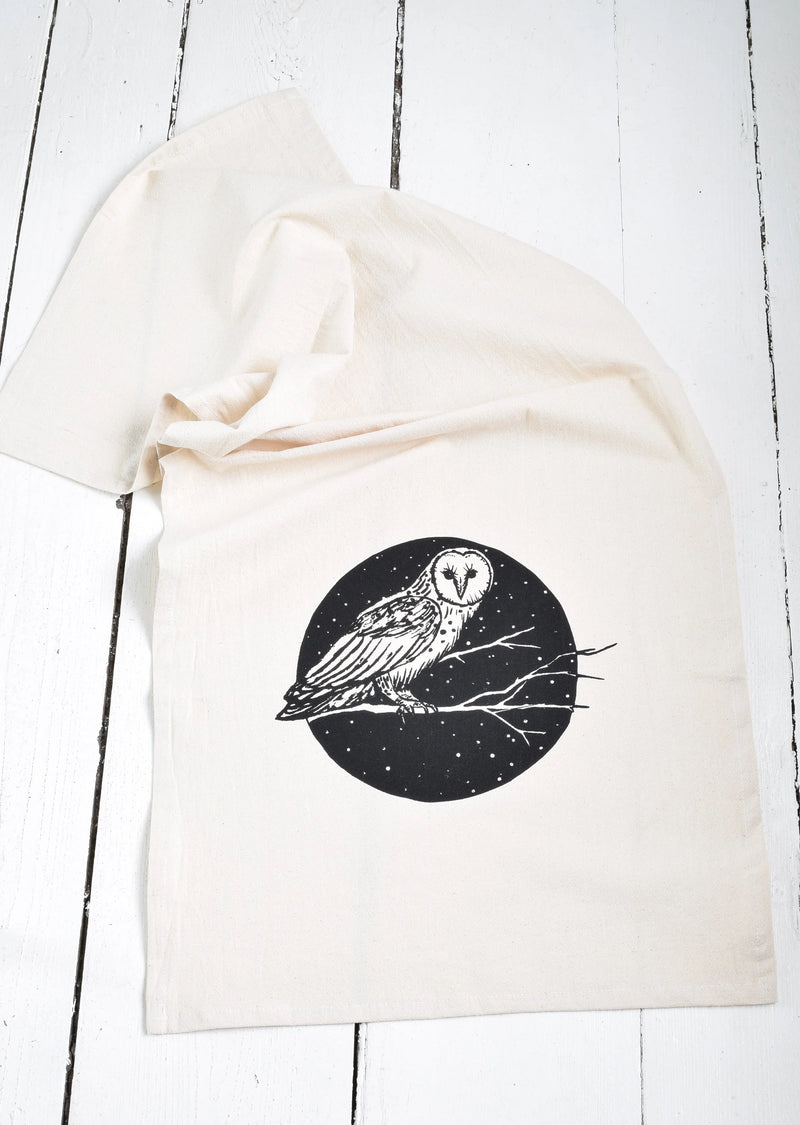 Hearth and Harrow | Organic Cotton Barn Owl Tea Towel - Black Print - Bird Kitch