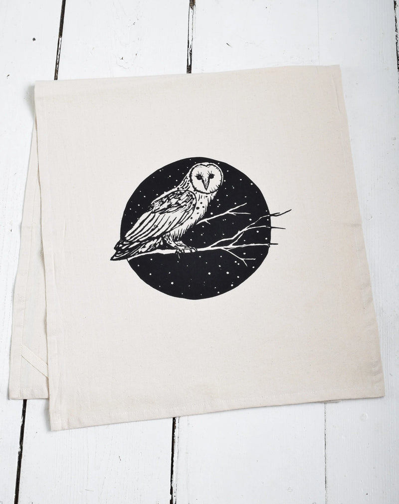 Hearth and Harrow | Organic Cotton Barn Owl Tea Towel - Black Print - Bird Kitch