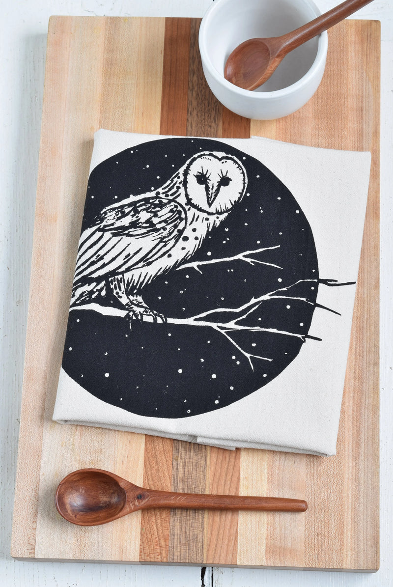 Hearth and Harrow | Organic Cotton Barn Owl Tea Towel - Black Print - Bird Kitch