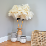 Earth & Nest Feather Duster displayed in a vase, showcasing premium feathers with a blond wood handle and leather strap, ideal for elegant home cleaning.