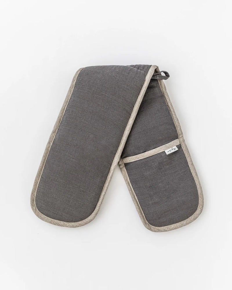 MagicLinen double oven mitts in natural gingham, offering full heat protection for hands and arms, crafted from excess linen as part of a zero-waste initiative.