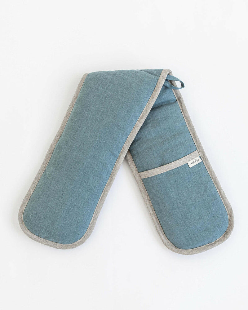 MagicLinen Double Oven Mitt in Natural Gingham, designed for full heat protection, crafted from excess linen for eco-friendly kitchen use.
