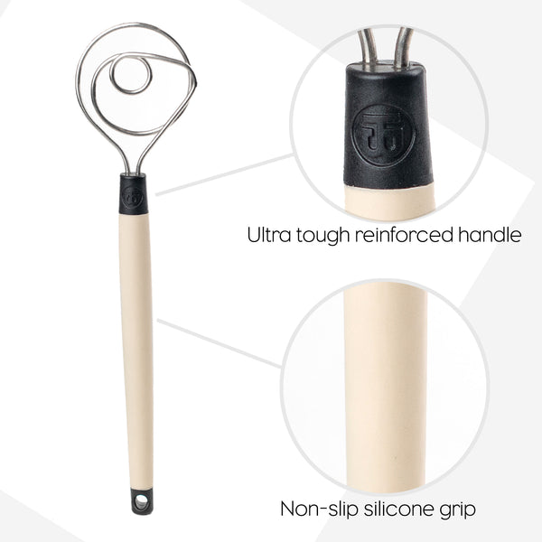 Close-up of Brod & Taylor Dough Whisk, highlighting its intricate design ideal for mixing dough efficiently.