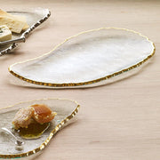 Annie Glass | Edgey Cheese Board features clear glass with a hammered gold rim, showcasing honeycomb and cheese, perfect for elegant serving.