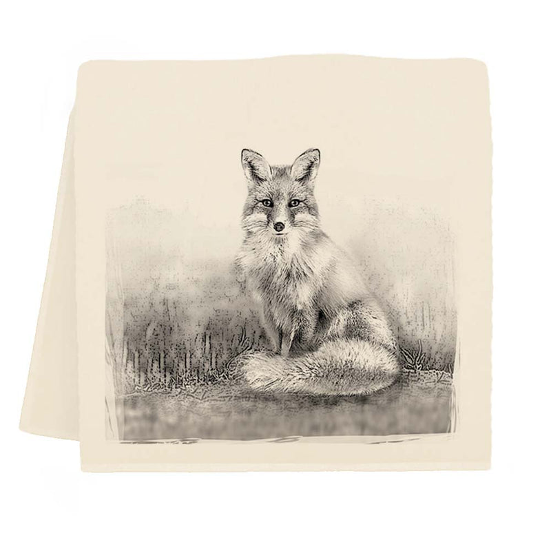 Eric and Christopher | American Woodlands Collective Tea Towel - Fox, showcasing a charming fox design, crafted from 100% pre-shrunk flour sack cotton, perfect for kitchen use.