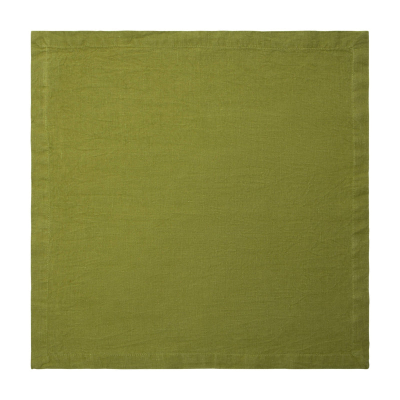 Set of four 21 x 21 avocado green linen napkins, oversized and hand-dyed, perfect for enhancing dining experiences with refined, casual luxury.