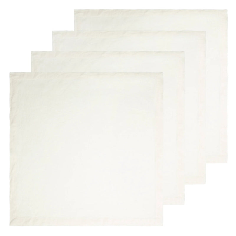 Set of four 21 x 21 ivory linen napkins, featuring mitered corners and pre-washed softness, perfect for elevating your dining experience.