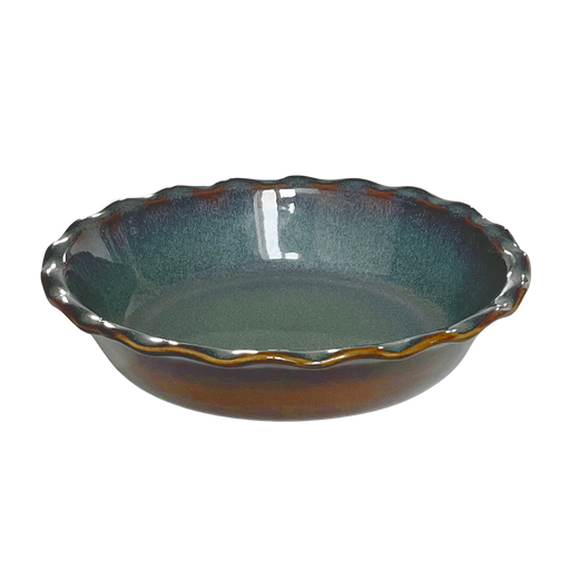 Emile Henry | 175th Anniversary Pie Dish, Blue/Sable, with scalloped rim and mottled glaze, ideal for baking pies or casseroles; crafted from durable Burgundy clay.