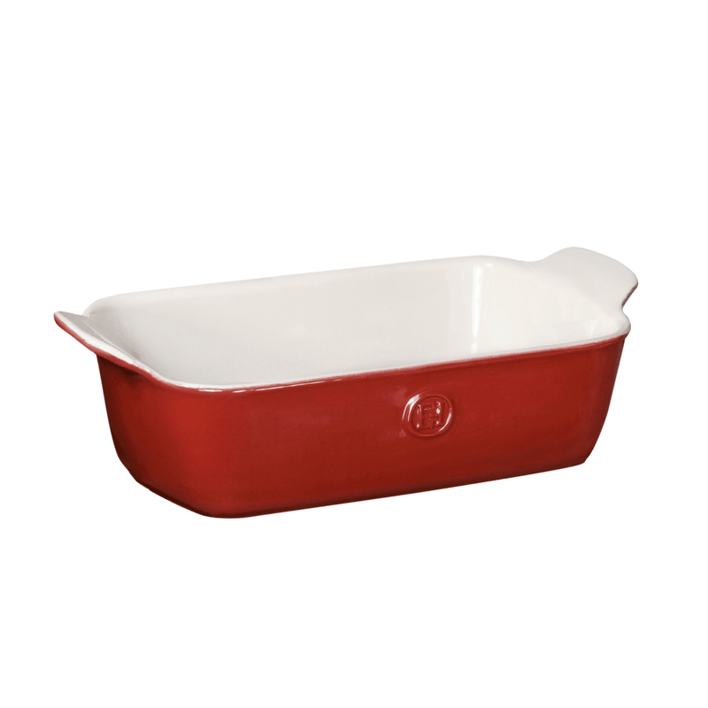 Emile Henry | Modern Classics Loaf Pan, Rouge, 9 x 5, featuring a sleek design with a red exterior, ideal for baking and serving.