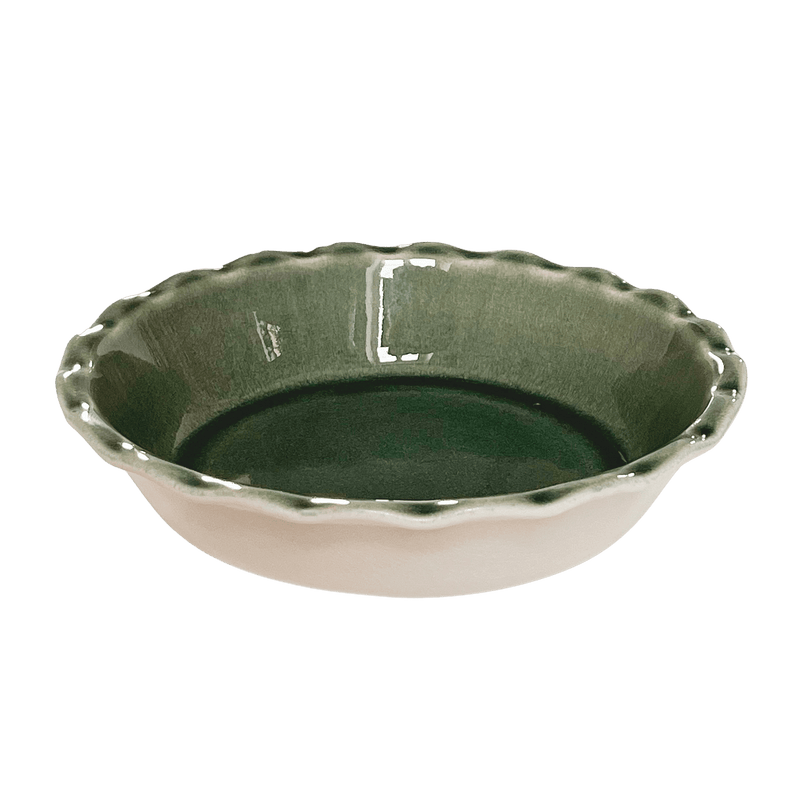 Emile Henry | 175th Anniversary Pie Dish, Green/Ivory: A scalloped-edge ceramic dish celebrating French craftsmanship, perfect for baking with timeless style and durability.