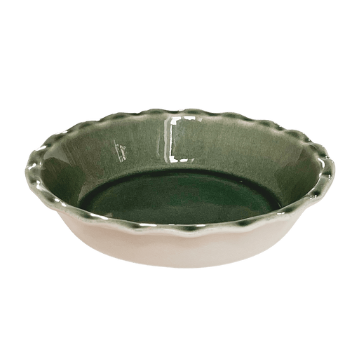 Emile Henry | 175th Anniversary Pie Dish, Green/Ivory: A scalloped-edge ceramic dish celebrating French craftsmanship, perfect for baking with timeless style and durability.