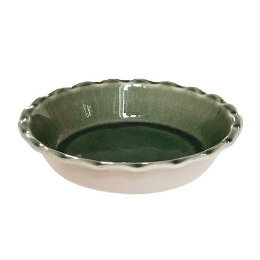Emile Henry | 175th Anniversary Pie Dish, Green/Ivory: A scalloped ceramic dish, ideal for baking pies or serving, crafted with Burgundy clay for even heat distribution.