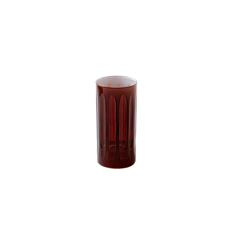 Sir|Madam Empire Java Nips Glass in deep red with ribbed design and oval indentations, reflecting 1920s skyscraper elegance. Part of a set of four.