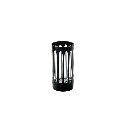 Sir|Madam | Empire Tuxedo Nips Glasses, Set of 4: Cylindrical black desktop-style holder with vertical cut-out slots, inspired by 1920s skyscraper design.