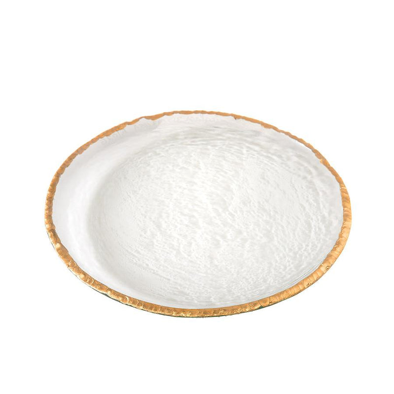 Annieglass Edgey Dinner Plate with a textured white surface and gold rim, showcasing elegant design and durability for everyday or formal dining.