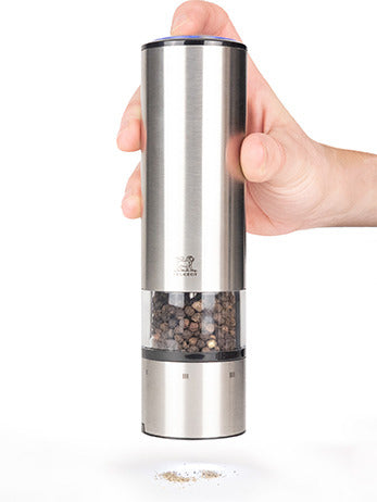 Peugeot | Elis Sense Pepper Mill Stainless/Acrylic, 8 Inches, grinding peppercorns; features LED light, touch activation, and u’Select grind control system for precise culinary use.