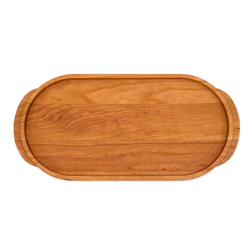 J.K. Adams | Cherry Oval Wooden Serving Tray with shallow handles and juice-catching groove, ideal for serving drinks or creating charcuterie boards.