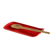 Emile Henry | Spoon Rest: Wooden spoon resting on a red tray, showcasing the practical, elegant design made from durable Bordeaux clay, perfect for maintaining clean kitchen surfaces.