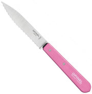 Opinel | Essential Serrated Knife - Pink: A compact, scalloped stainless-steel blade with a coated beech wood handle, ideal for slicing tomatoes, citrus, and cured meats.
