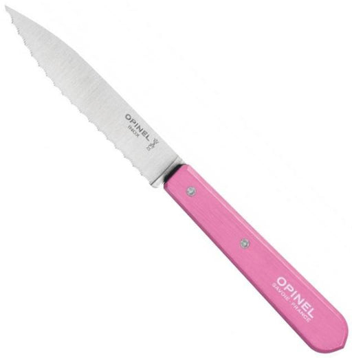 Opinel | Essential Serrated Knife - Pink: A compact, scalloped stainless-steel blade with a coated beech wood handle, ideal for slicing tomatoes, citrus, and cured meats.