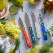 Opinel | Essential Small Kitchen Knife Sets, Primo displayed on a cutting board with a peeler and fruit, highlighting colorful handles and versatile kitchen functionality.